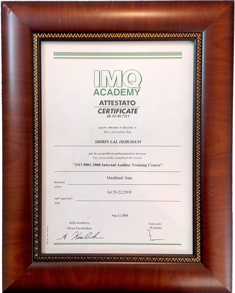 Shirin Lal Dehghani CAO  Internal Auditor Certificate