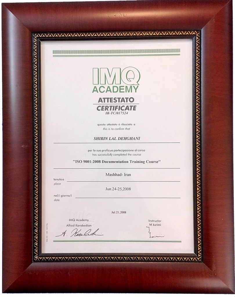 Shirin Lal Dehghani CAO Documentation Certificate