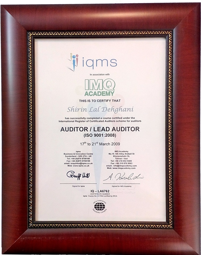 Shirin Lal Dehghani CAO Lead Auditor Certificate